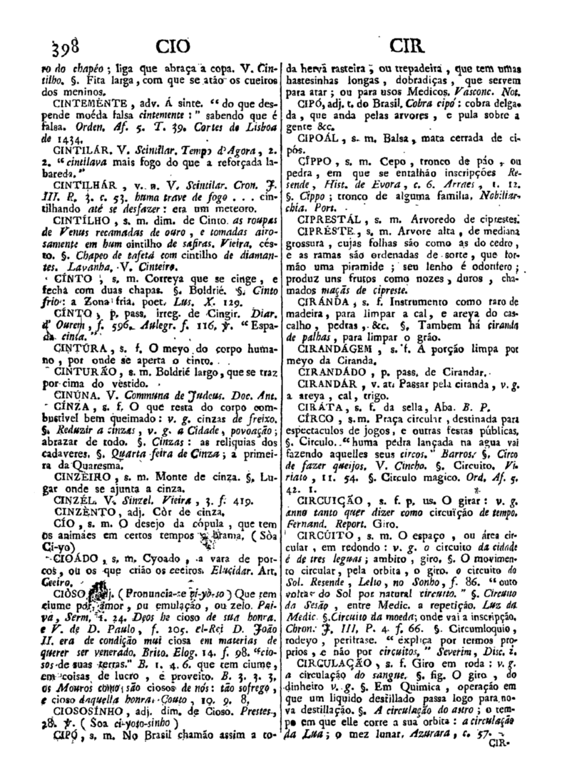 Página 398_Diccionario da lingua portugueza - recompilado dos vocabularios impressos ate agora, e nesta segunda edição novamente emendado e muito acrescentado, por ANTONIO DE MORAES SILVA