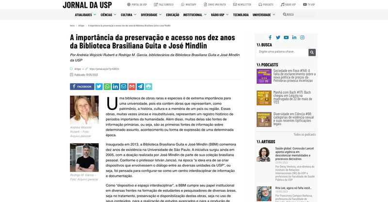 A importância da preservação e acesso nos dez anos da Biblioteca Brasiliana Guita e José Mindlin (Artigo dos bibliotecários da BBM Andreia e do Rodrigo) - Jornal da USP