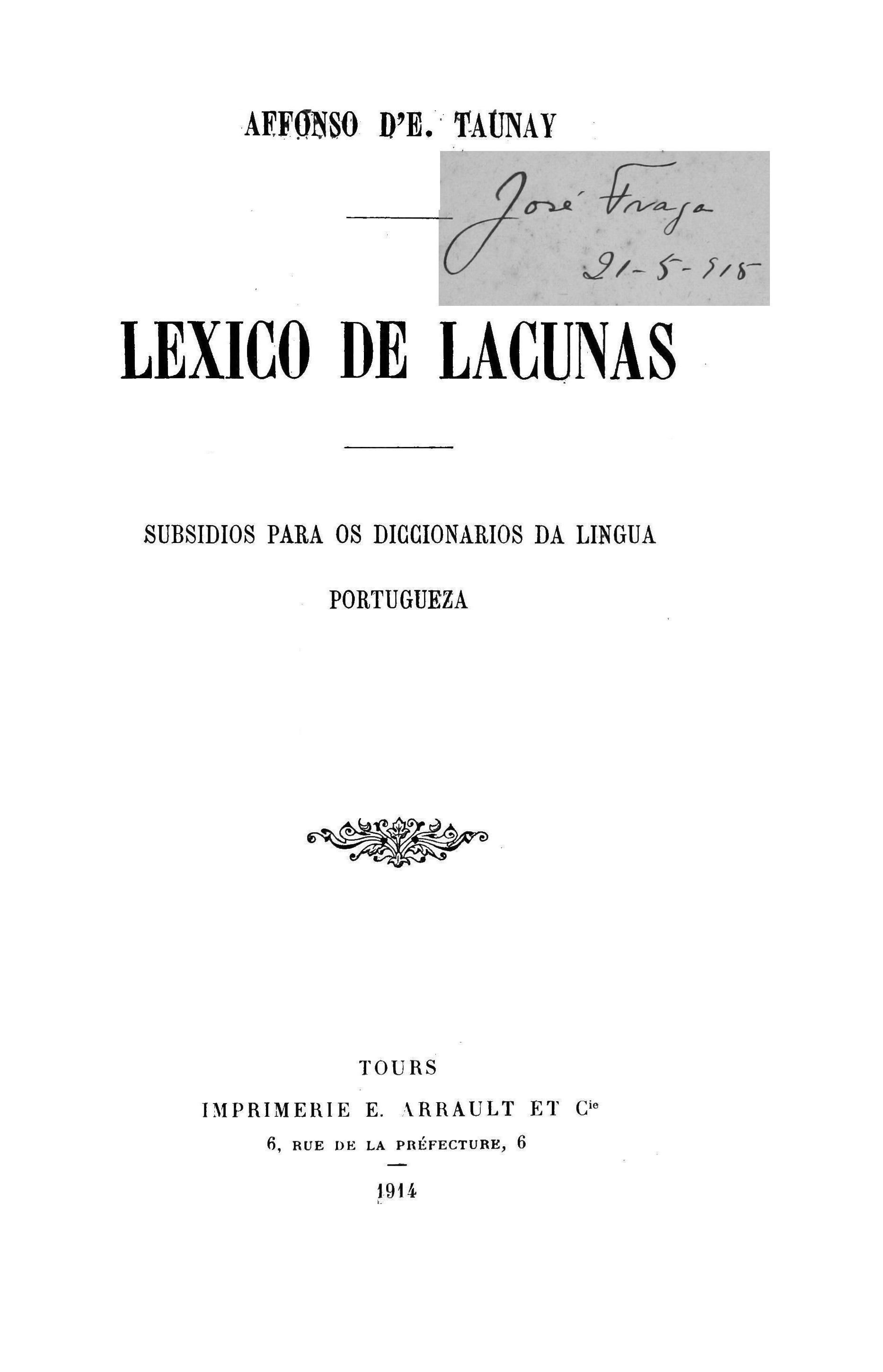 Lexico de lacunas: subsidios para os diccionarios da lingua portugueza